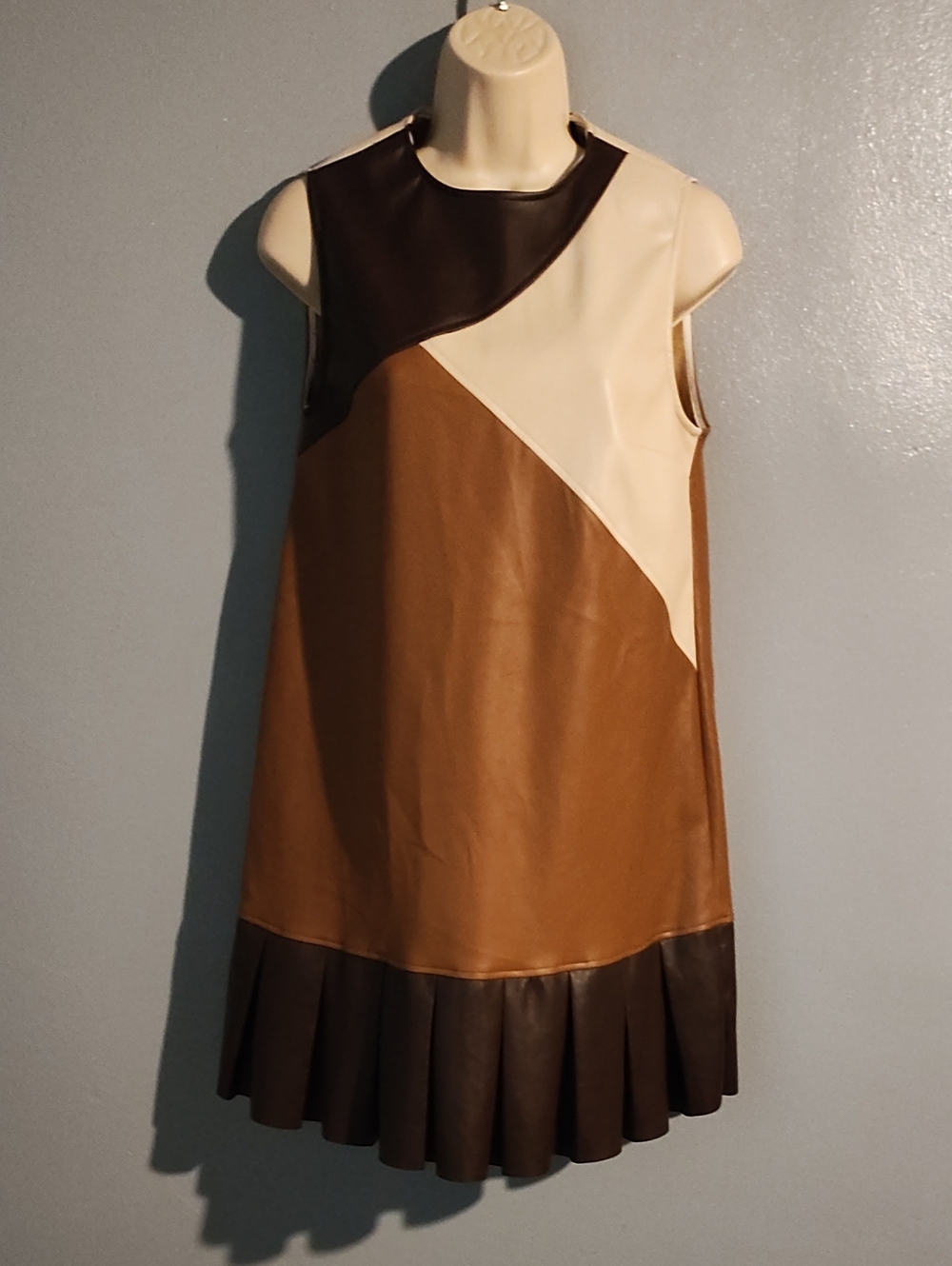 Fate Colorblocked Faux Leather A-Line Dress in Brown, Black, Cream